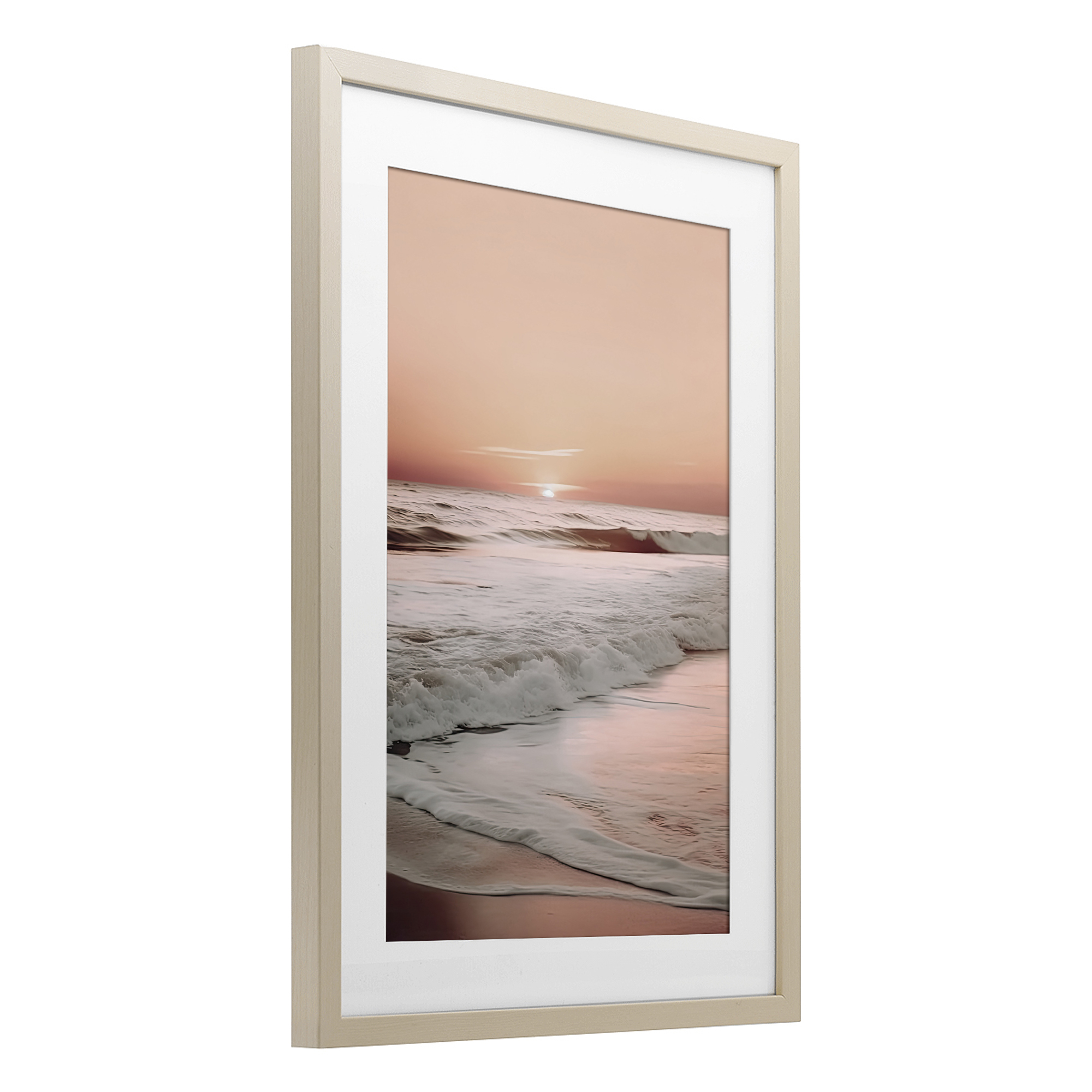 Apricot Beach View Birch Framed Print Under Glass, design by Decent Exposures