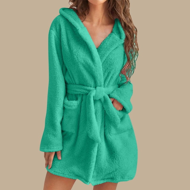 Wiyuqeen Solid Mid Length Robes for Women Soft Flannel Bathrobe Fall Winter Absorbent Pajama Robe with Pockets Womens Fuzzy Fleece Loungewear