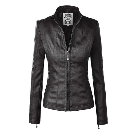 MBJ WJC877 Womens Panelled Faux Leather Moto Jacket S BLACK
