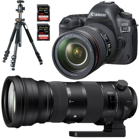 Canon 1483C010 EOS 5D Mark IV 30.4 MP Full Frame DSLR Camera with EF 24-105mm f/4L IS II USM Lens Bundle with 150-600mm F5-6.3 DG OS HSM Lens, 2x 128GB Memory Card and Alta Pro 264AT Tripod