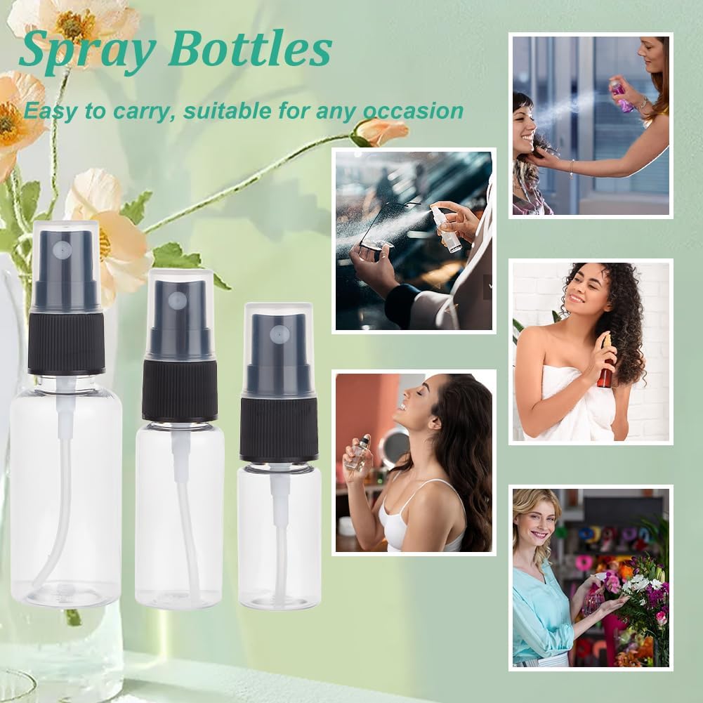 120Pcs Plastic Travel Spray Bottles 0.3oz/10ml 0.7oz/20ml 1oz/30ml Mixed Capacity Mini Travel Bottle Set with 6pcs Funnels Refillable Liquid Containers for Essential Oils Toners Carrying DIY