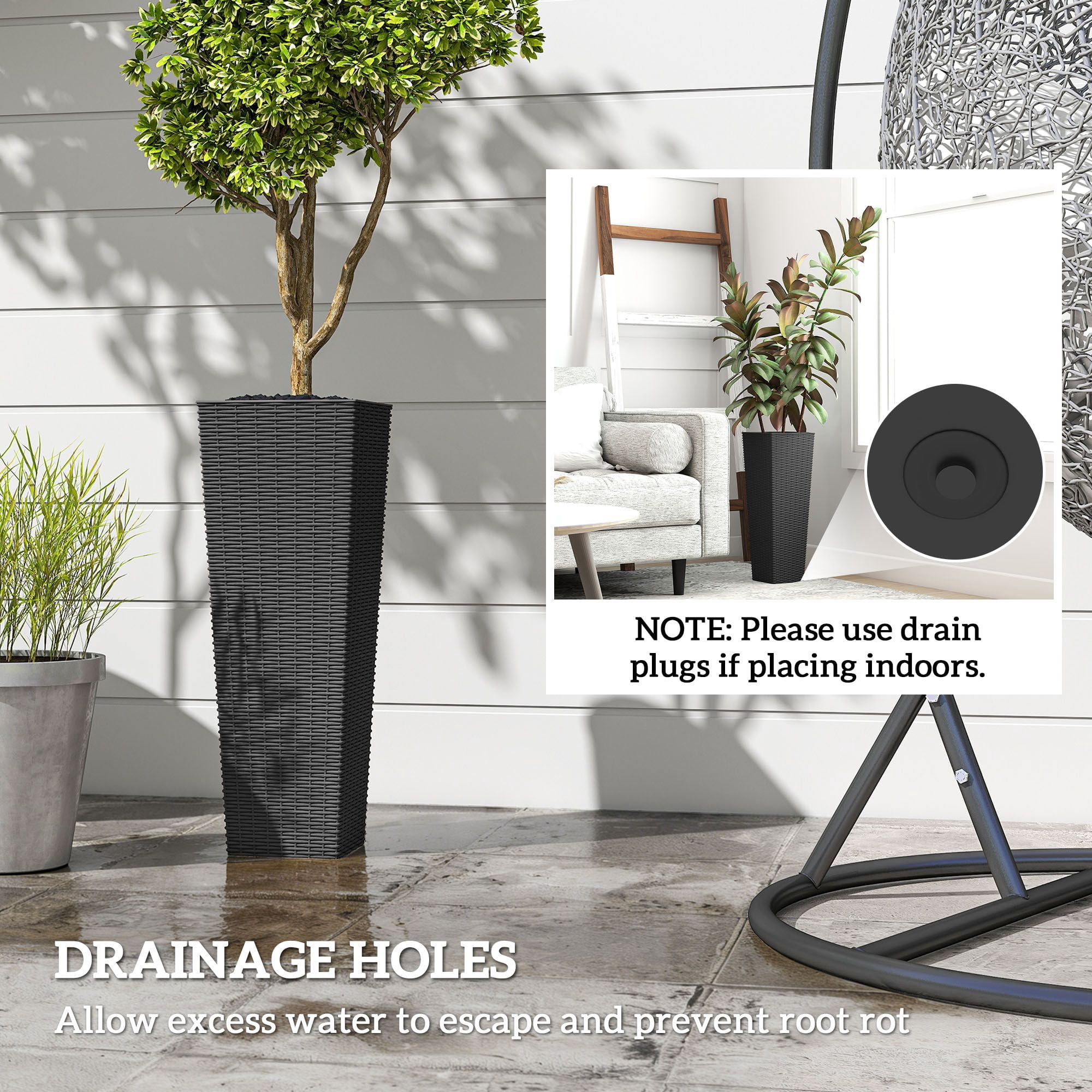 Dranite 23.6in Tall Plastic Planters Set of 2, Black Outdoor Flower Pots with Drainage Holes