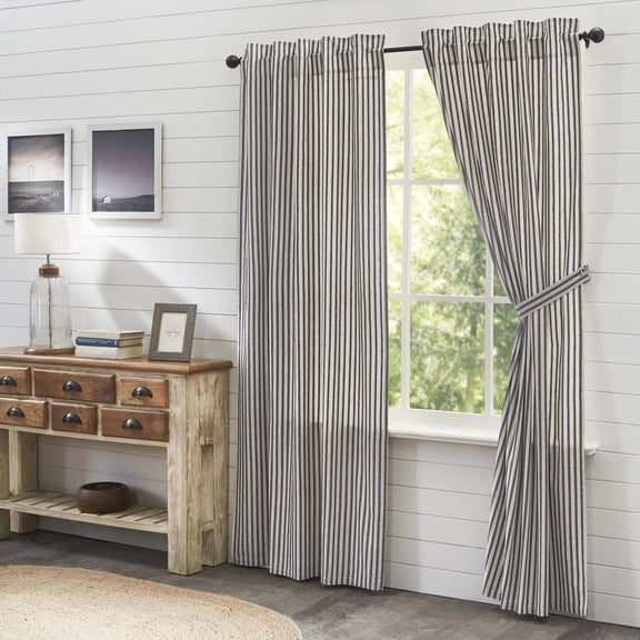VHC Brands Ashmont Grey Ticking Stripe Country Farmhouse Panel Curtain Set 84"x40"