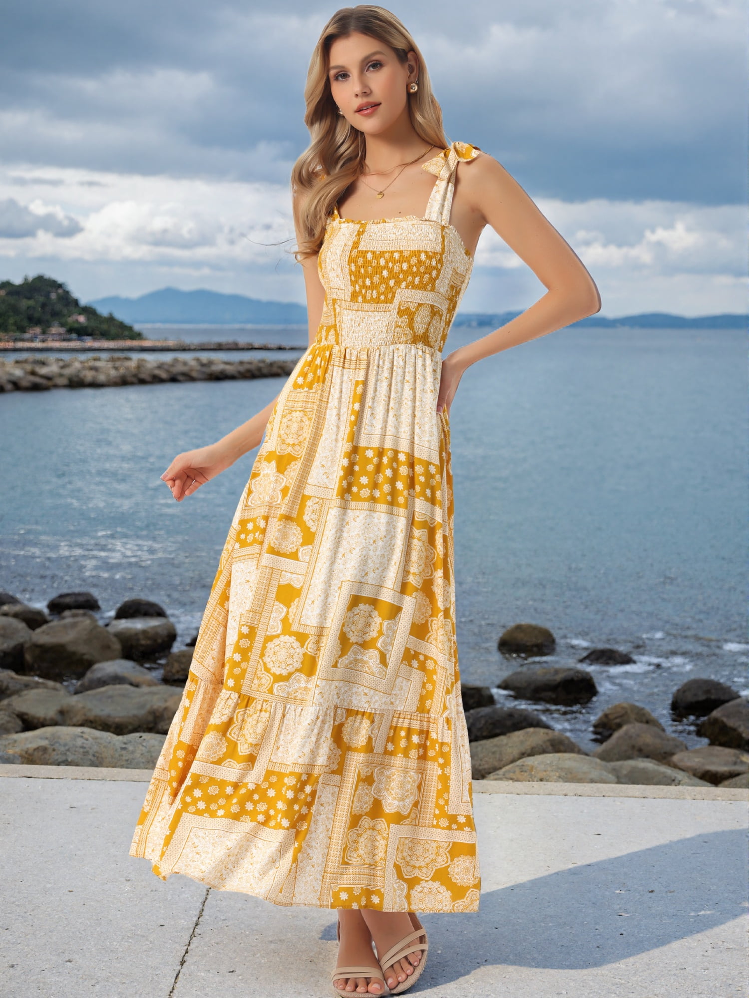 DARING DIVA Women's Summer Spaghetti Strap Square Neck Casual Dress XL Yellow