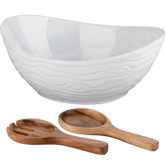 YUN TAO 95oz Extra Large Ceramic Salad Bowl Set with Wood Salad Serving Utensils - Large Mixing Deep Bowl