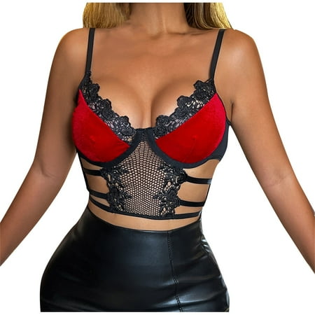 

DNDKILG Cami Strap V Neck Bra for Women Hollow Out Eyelash Lace Strappy Bralettes Wine L