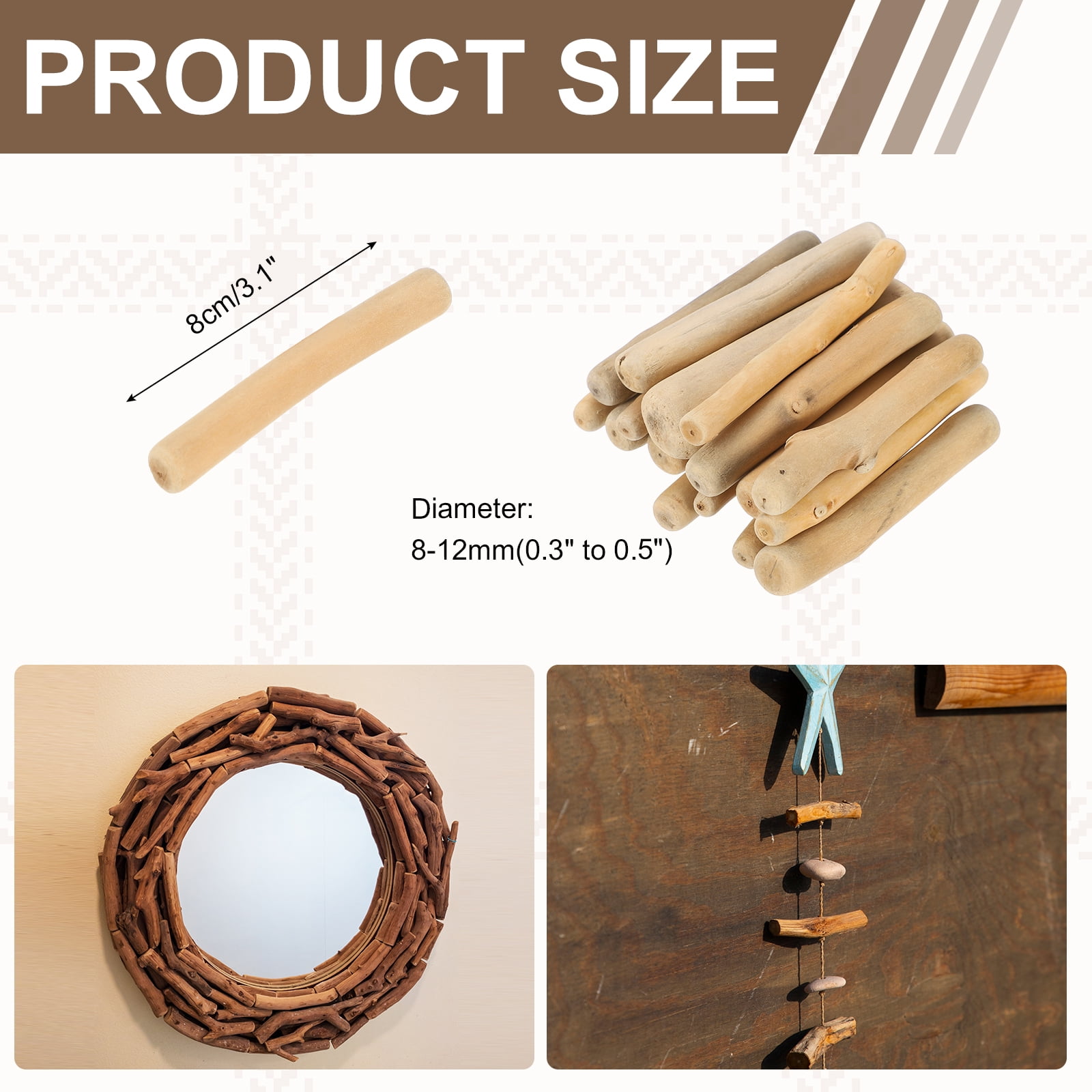 Uxcell 3.1" Natural Driftwood Pieces,  0.3" to 0.5" Dia Driftwood Twigs for Crafts Drift Wood Sticks for DIY Crafts Photo Props Wall Decor, Wood Color