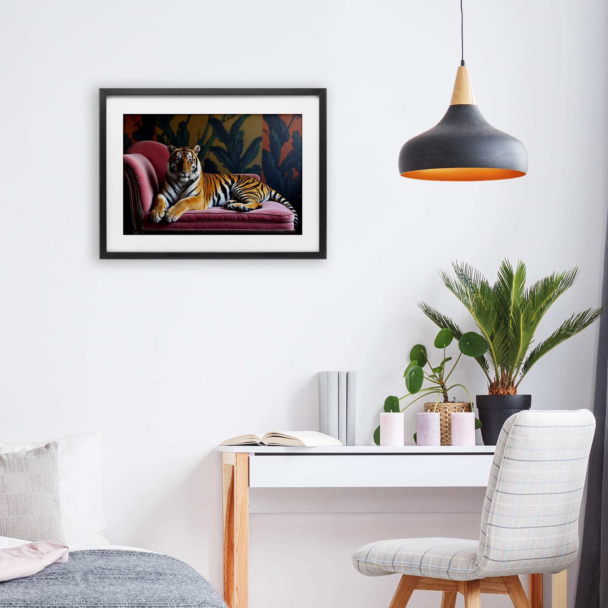 Exotic Tiger Lounging Black Framed Print Under Glass, design by Lettered and Lined