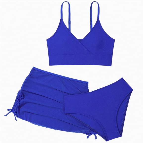 HCNTES Girls 3 Piece Swimsuits with Skirts Tropical Floral Print Swim Bathing Suits Teen Girls' Swimwear Strap Bikini Set 4-18 Years(Blue,13-14 Years)