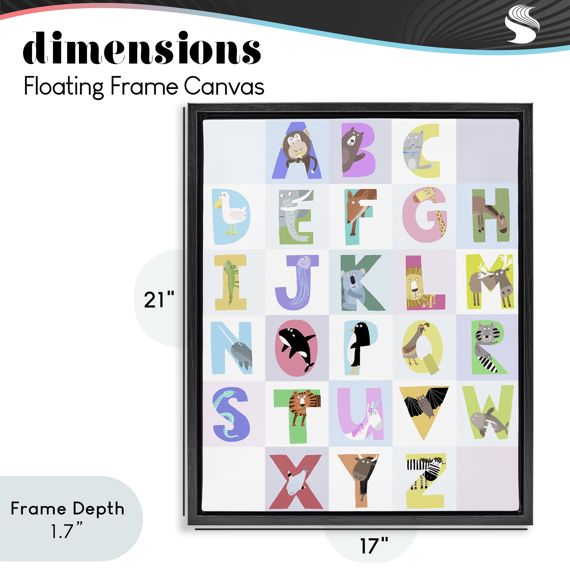 Stupell Industries Animal Alphabet in Light Grey Black Framed Floater Canvas Wall Art, design by Carla Daly