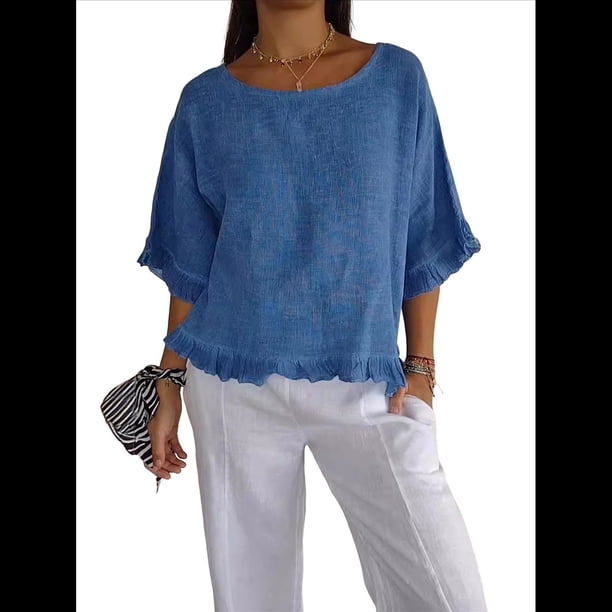 Blusa de Algodón y con Cuello Redondo, Dobladillo con Volantes y Corta, Color Liso, para Mujer. Azul M