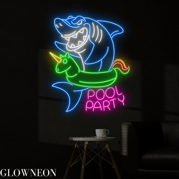 Glowneon Pool Party Neon Sign, Shark Led Sign, Summer Pool Wall Decor