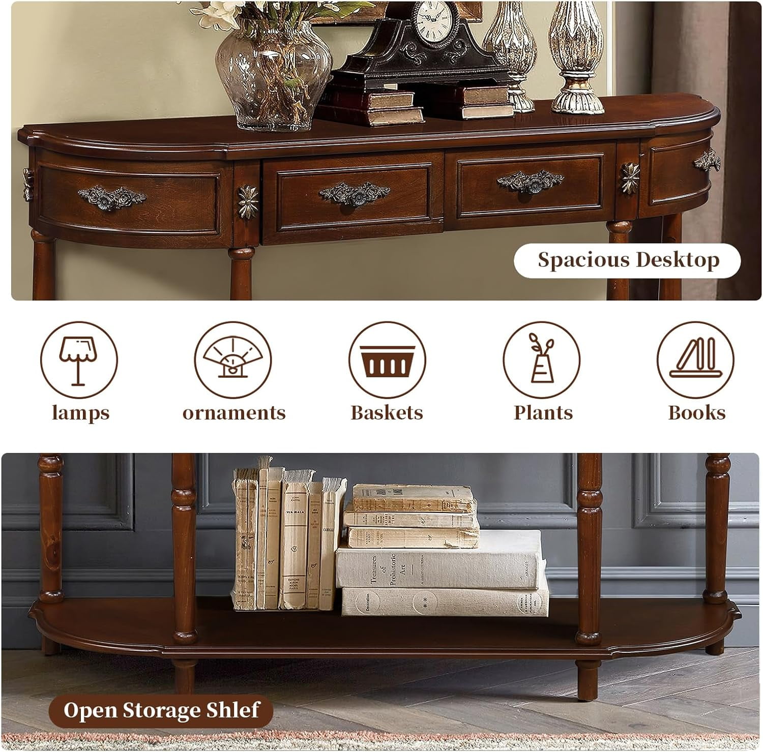 52" Retro Half Moon Console Table - Curved Wood Sofa Table with 2 Drawers & Open Shelf for Entryway, Living Room & Hallway in Cherry
