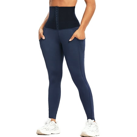 

SEASUM Women s High Waist Trainer Corset Leggings Side Pockets Body Shaper Workout Pants Navy Blue 2XL
