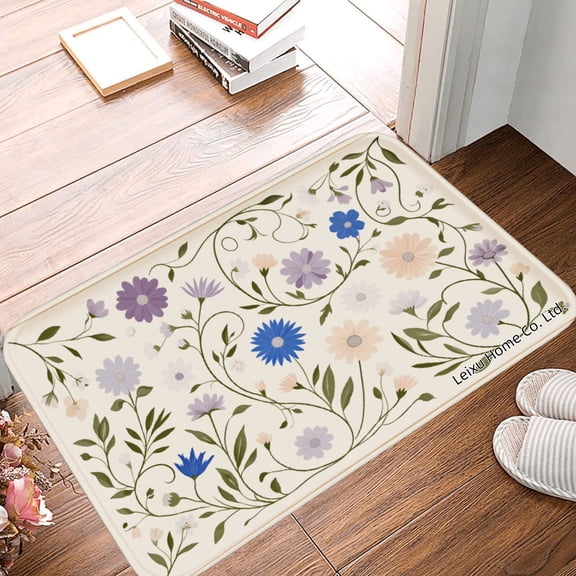 FJPT Non Slip Flannel Polyester Floor Mat Floral Pattern Soft Absorbent Rug For Bathroom Kitchen Bedroom Decor 16x24 inch