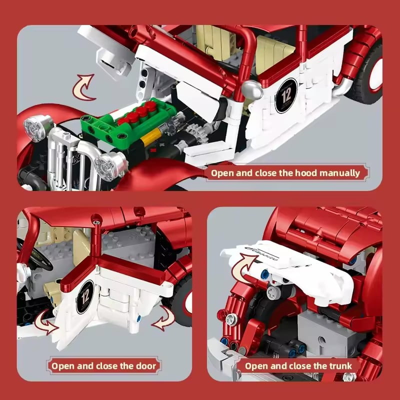Honchoes Remote control Car Building Set Compatible with Lego Car Model Retro Red for Adults 916 Pcs