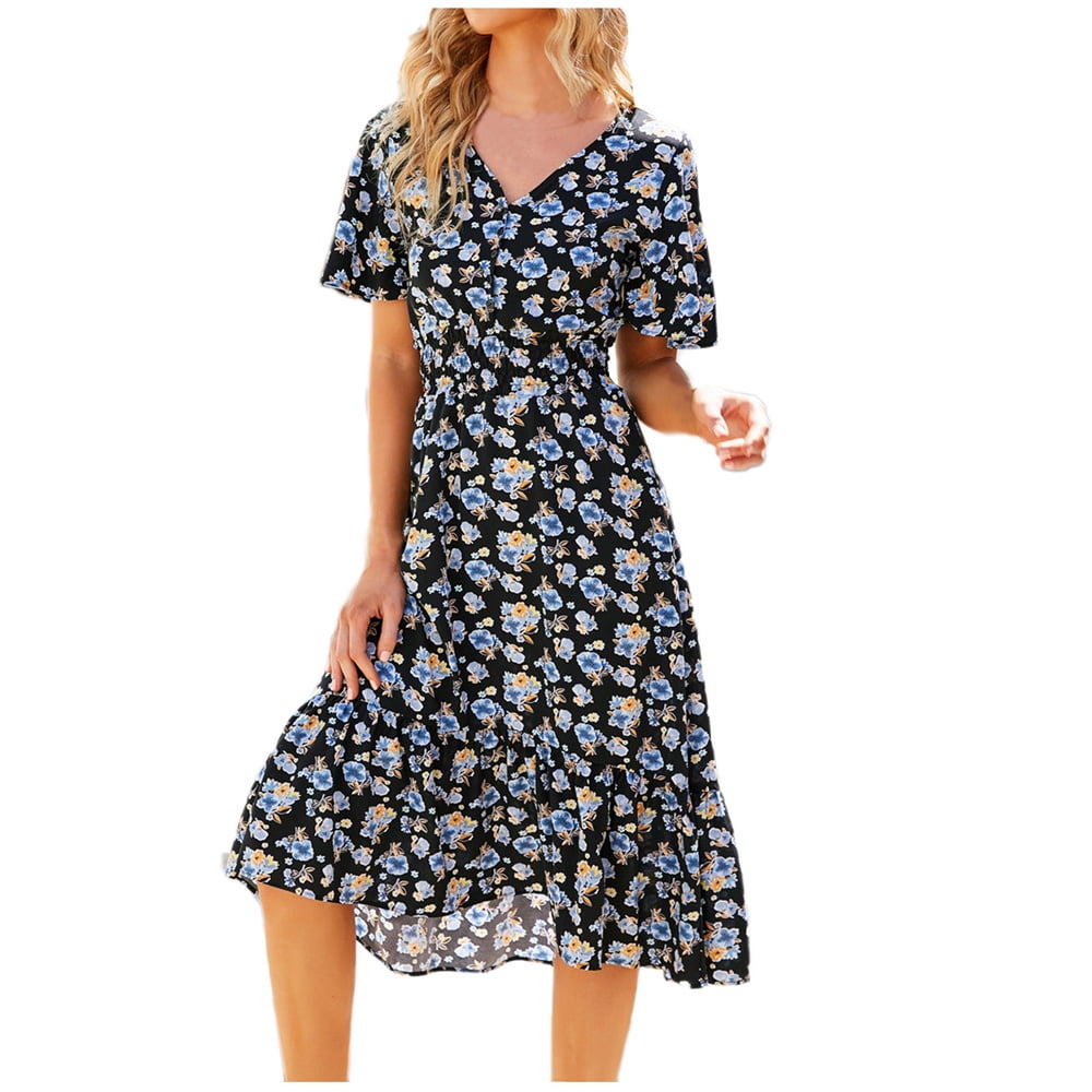 Akklian Women's Summer Dress Casual Short Sleeve Dress VNeck Floral