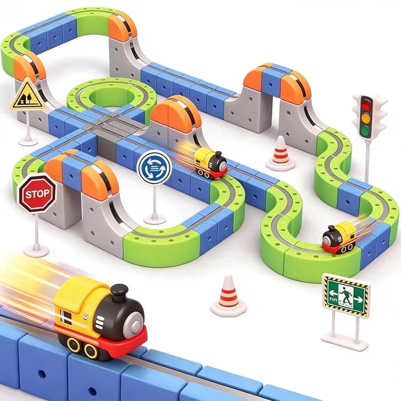SaveJoy Magnetic Car Toys, 126PCS DIY Race Car Track Building Kit with Electric Train & Traffic Signs,Educational Flexible Tracks Birthday for 3-8