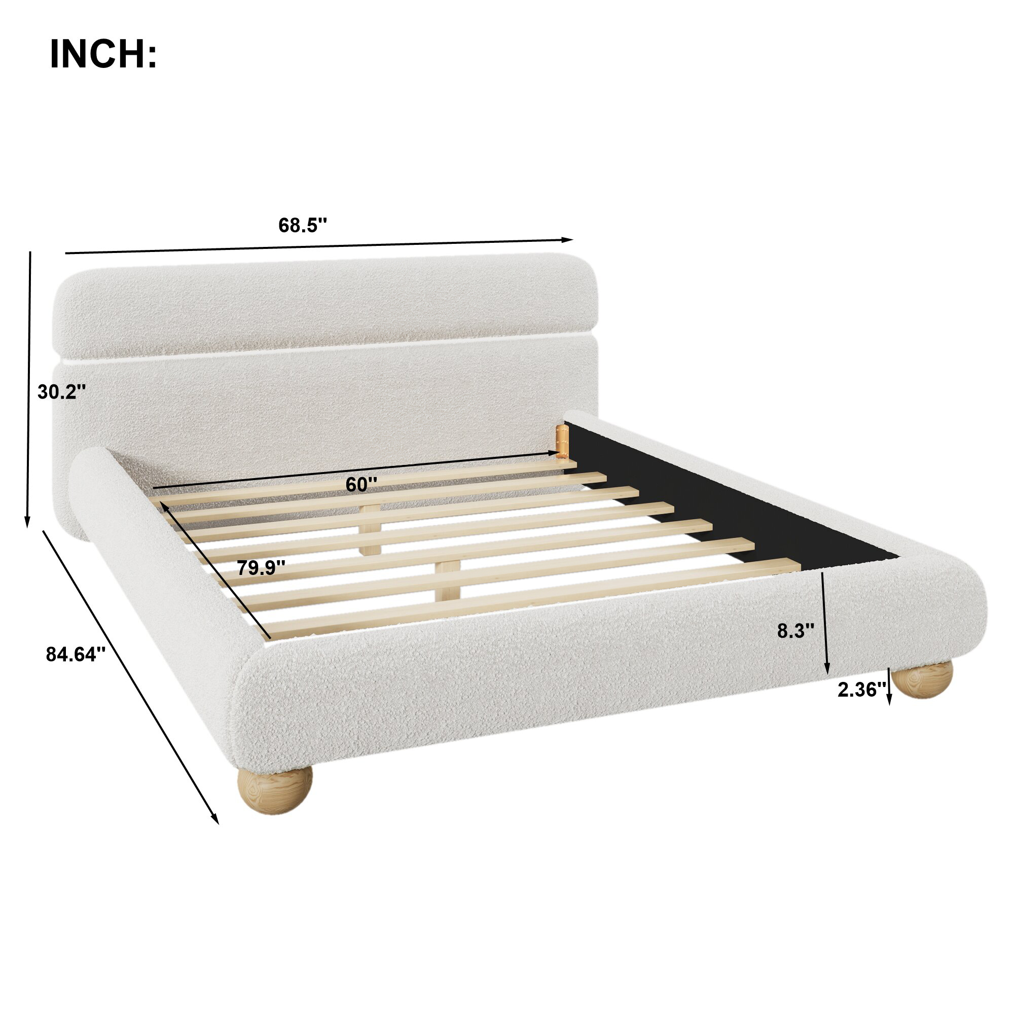 Euroco Teddy Fleece Fabric Queen Size Platform Bed with Round Legs, White
