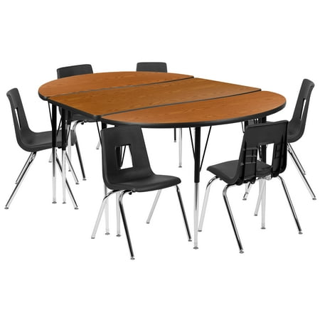 UPC: 0889142933076 | Flash Furniture Emmy 76 Oval Wave Flexible Laminate Activity Table Set with 18 Student Stack Chairs Oak/Black