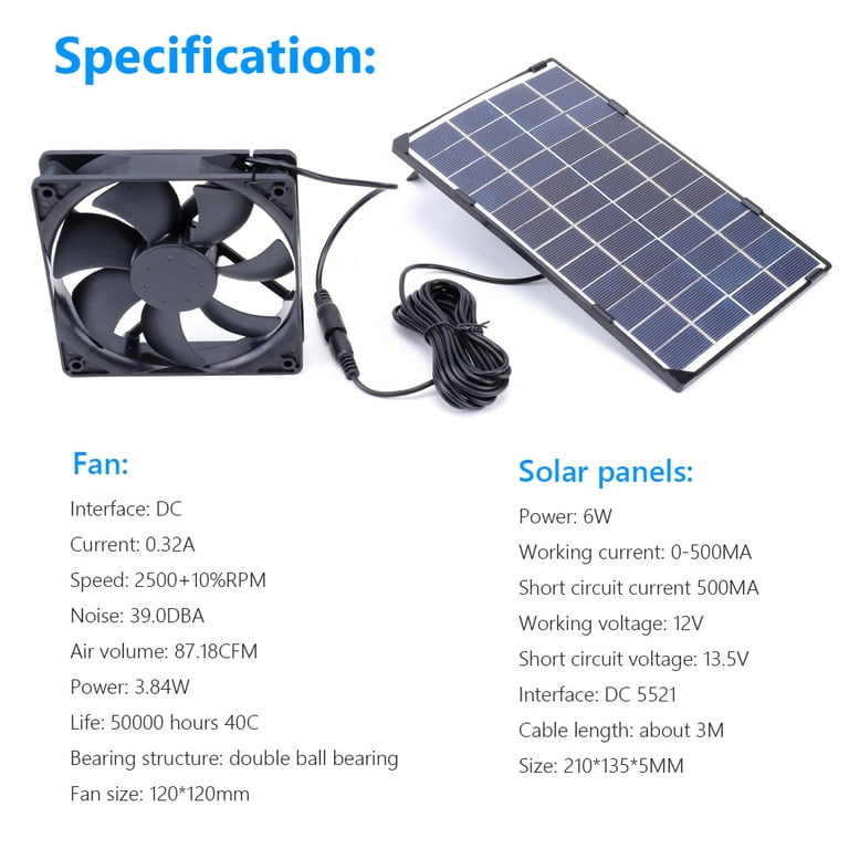 Ejoyous Solarbetriebener Abluftventilator, 6V 10W  Solarpanel-Abluftventilator Wasserdichter Solarlüfter USB Solar Panel  Gewächshaus Ventilator, für