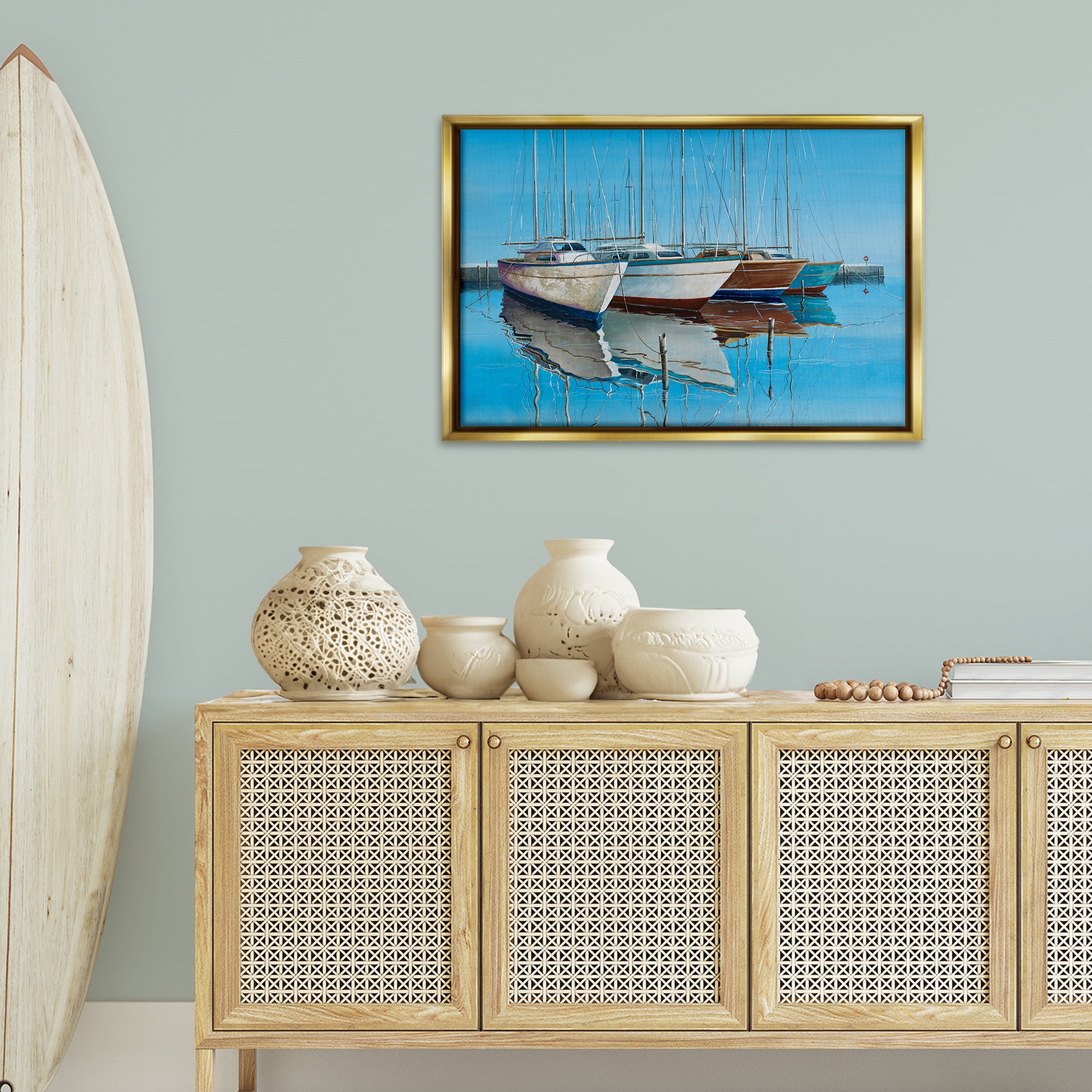 Stupell Industries Four Docked Boats Reflection Transportation Painting Gold Floater Framed Canvas Art Print Wall Art, 31 x 21