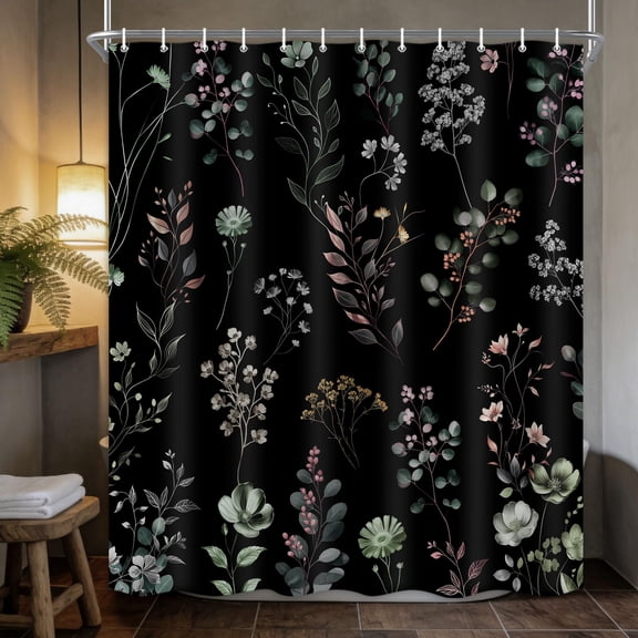 Vintage Boho Floral Shower Curtain with Hooks, Black & Gold Floral Bathroom Curtain, Waterproof Farmhouse Decor