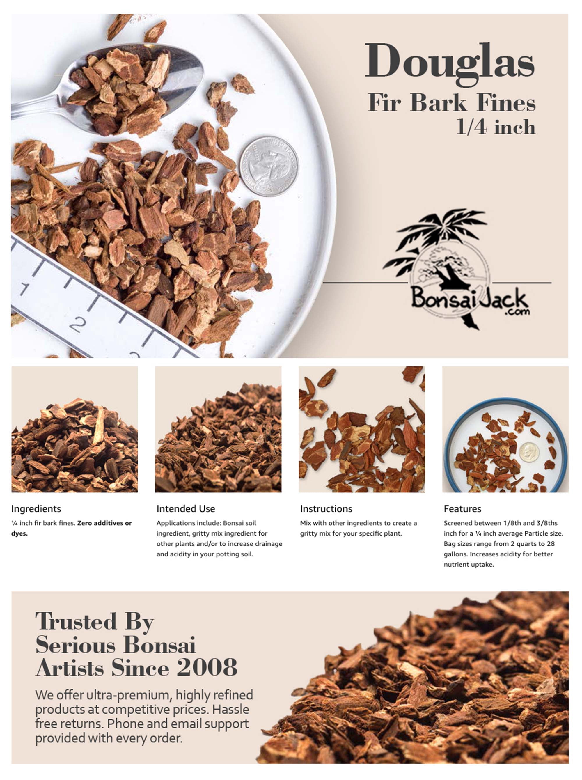 Bonsai Jack 1/4 Inch Douglas Fir Bark Fines, 2 Gallons