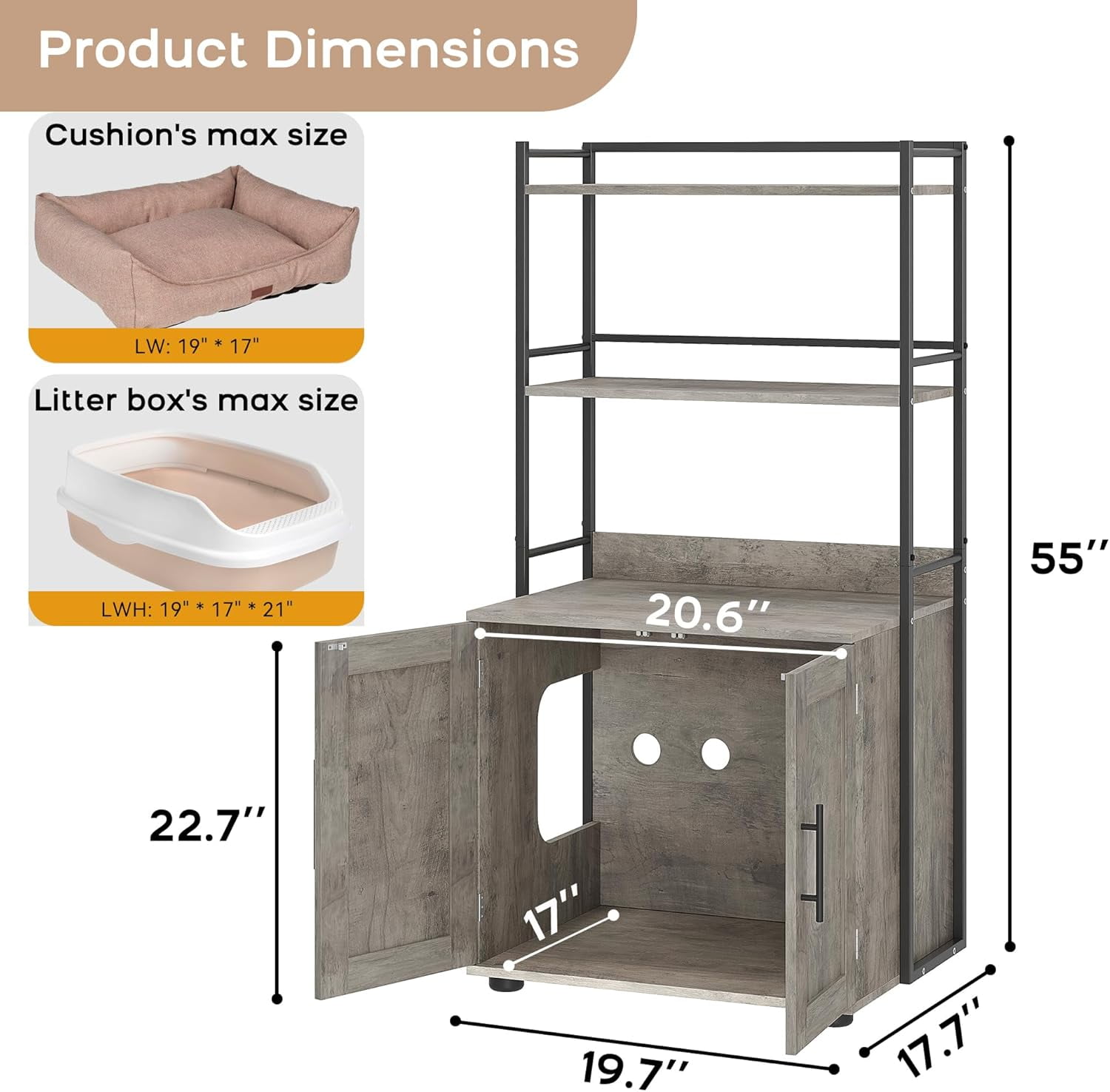 GAOMON Cat Litter Box Enclosure with Shelf Storage, Enclosed Cat Cabinet with Bookshelf, Privacy Cat Furniture, Reduces Odor & Mess, Grey