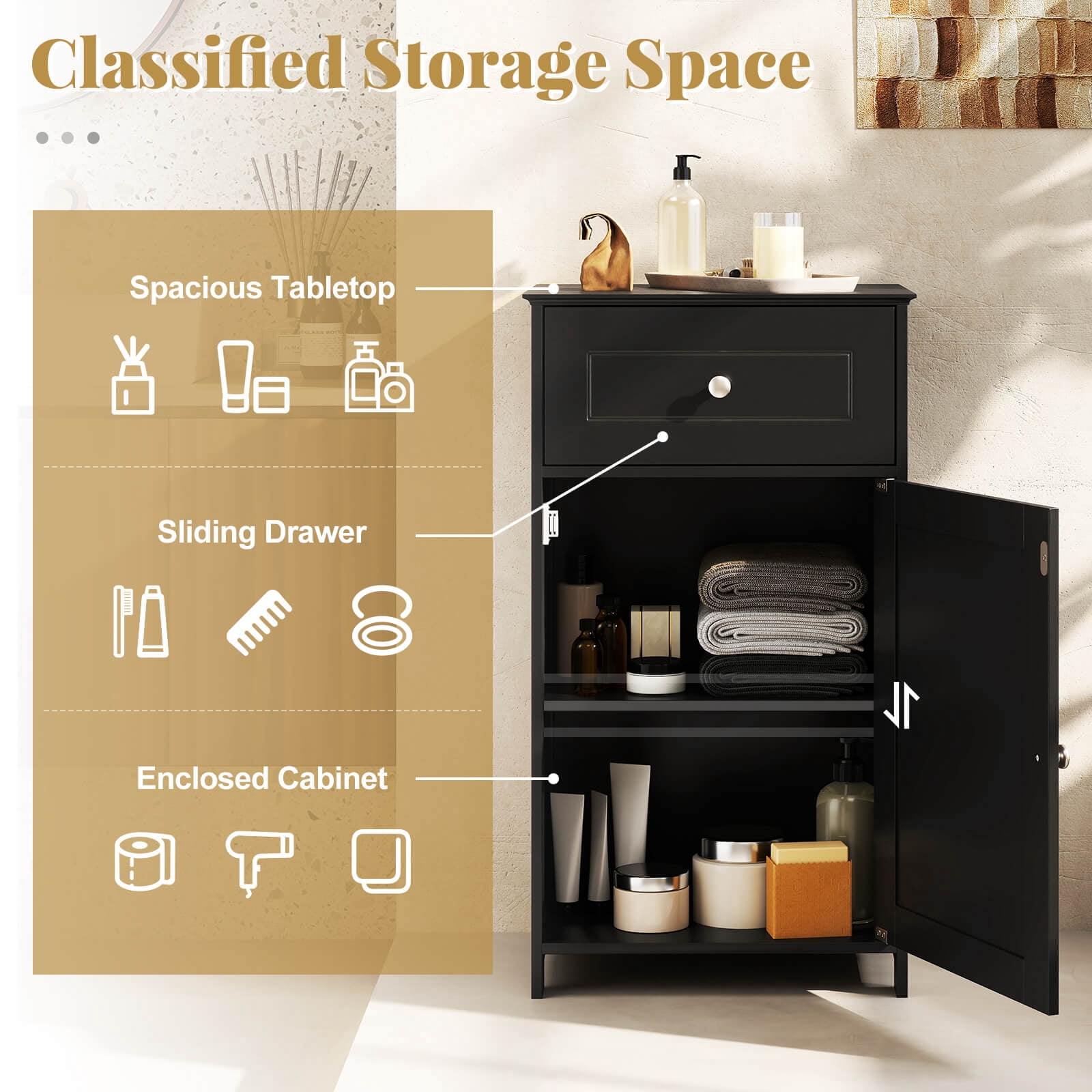 Costway White Floor Storage Cabinet Bathroom Organizer Cupboard Drawer Shelf Bath Towel Black
