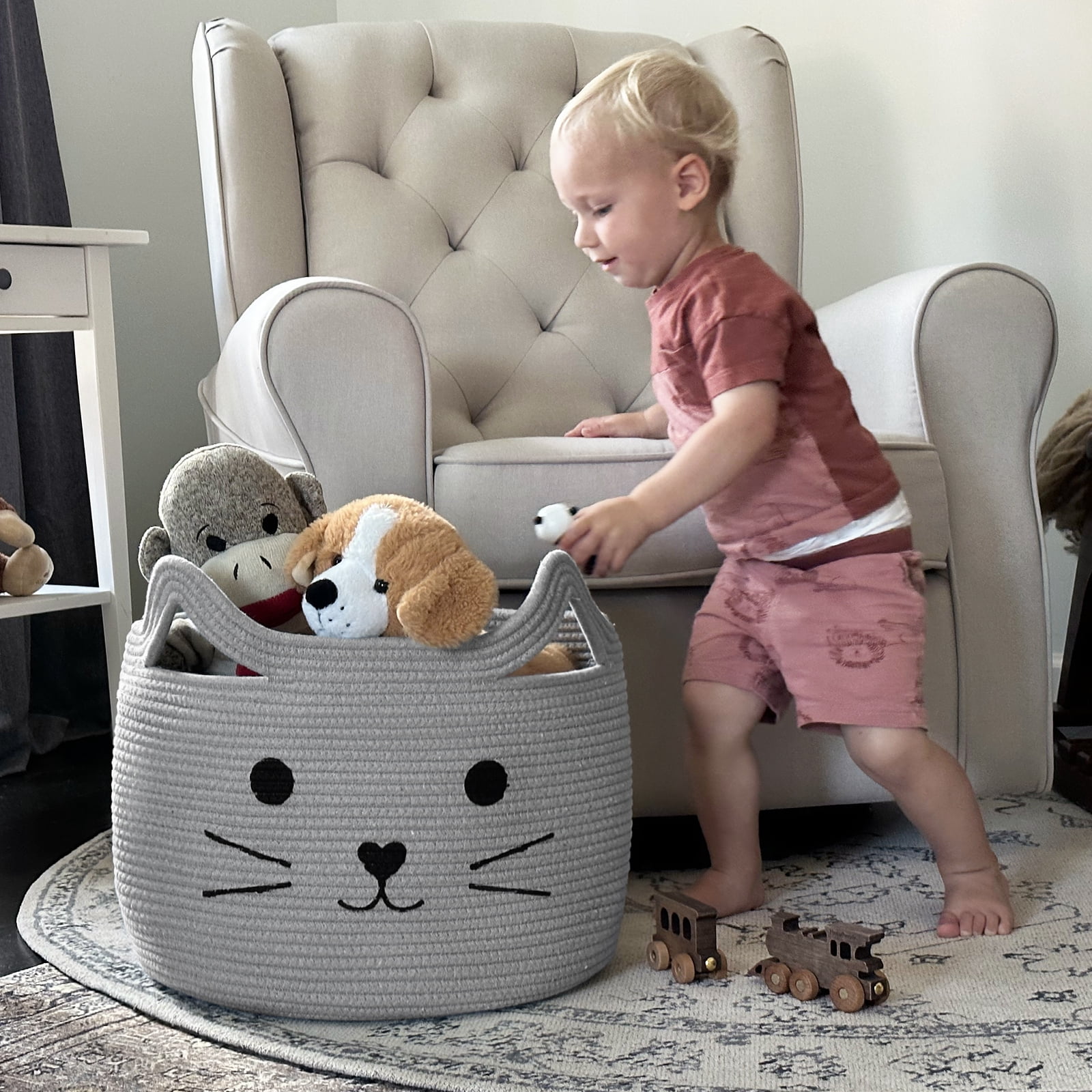 Timeyard Animal Baskets Large Woven Cotton Rope Storage with Cute Cat Design Laundry Organizer for Towels, Blanket, Toys, Clothes, Gifts – Cat Toy Box Pet or Baby Gift Baskets