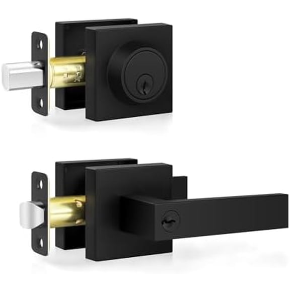 Door Locks for Front Door, Matte Black Exterior Door Handle and Single Cylinder Deadbolt Lock, Heavy Duty Modern Square Front Door Handle and Deadbolt Set, Commercial Locks for Doors, 1 Pack