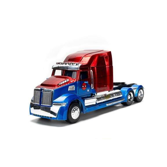 Jada Spider-Man Western Star 5700 XE Big Rig - Die-Cast Vehicle - 1:24, Opening Doors, Chrome Finishes, Rubber Tires - Hollywood Rides Marvel Series - Ages 8  - Red/Blue