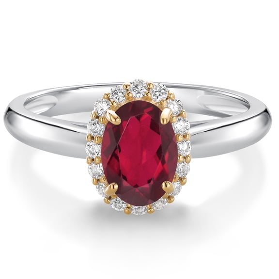 Gem Stone King 925 Sterling Silver and 10k Yellow Gold Ruby Red Mystic Topaz and White Lab Grown Diamond Halo Engagement Ring for Women (0.93 Cttw, Gemstone, Oval 7X5MM, Size 5)