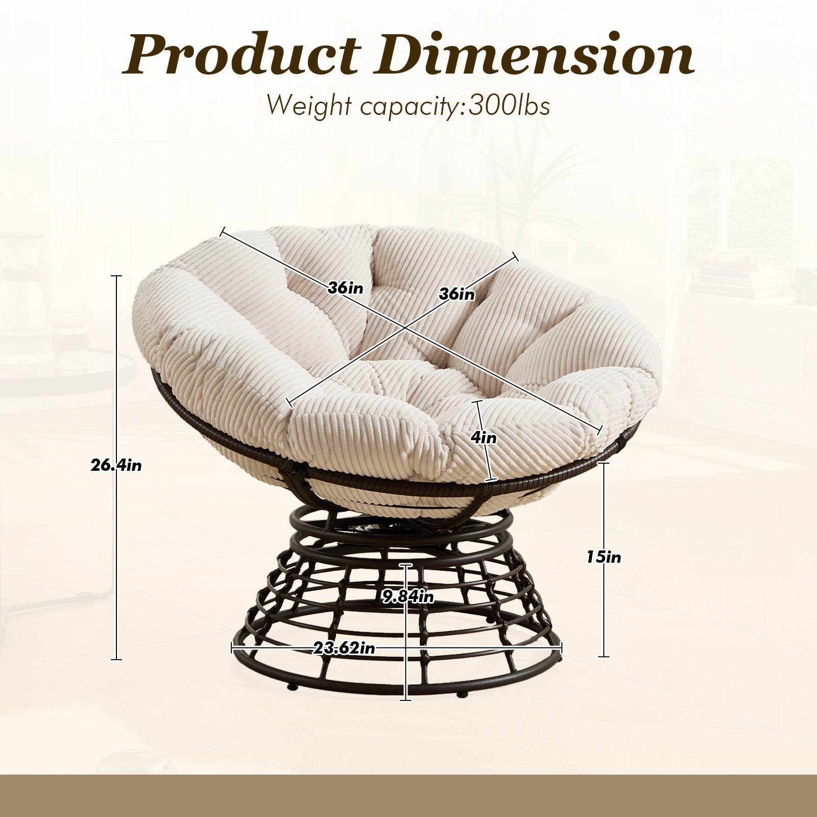 MOONMISS 360° Swivel Wicker Papasan Chair with Soft Thick Cushion for Living Room,White
