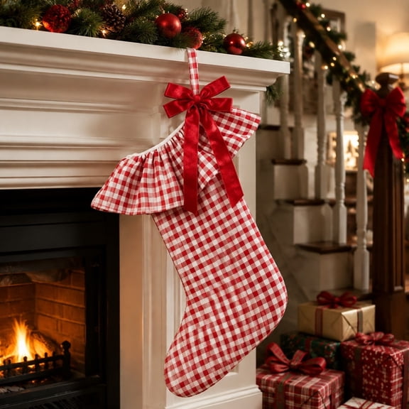 Plaid Ruffle Christmas Stocking - Velvet Bow Hanging Sock for Fireplace, Mantel, and Holiday Decor