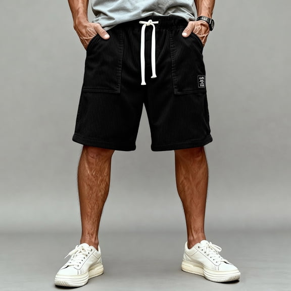 Domuza Mens Corduroy Shorts Elastic Waist Drawstring Casual Fashion Beach Gym Workout Running Athletic Shorts With Embroidered Black 2XL