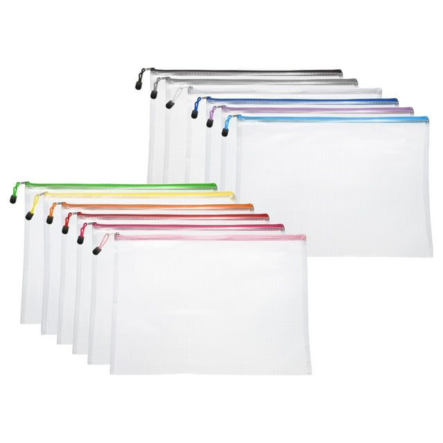 Uxcell 12Pcs Mesh Zipper Pouch Bags A4 13" x 9" Plastic Waterproof Mesh File Bag Clear Document Zipper Pouches for Classroom Home Travel Office Supplies Organization, 12 Colors