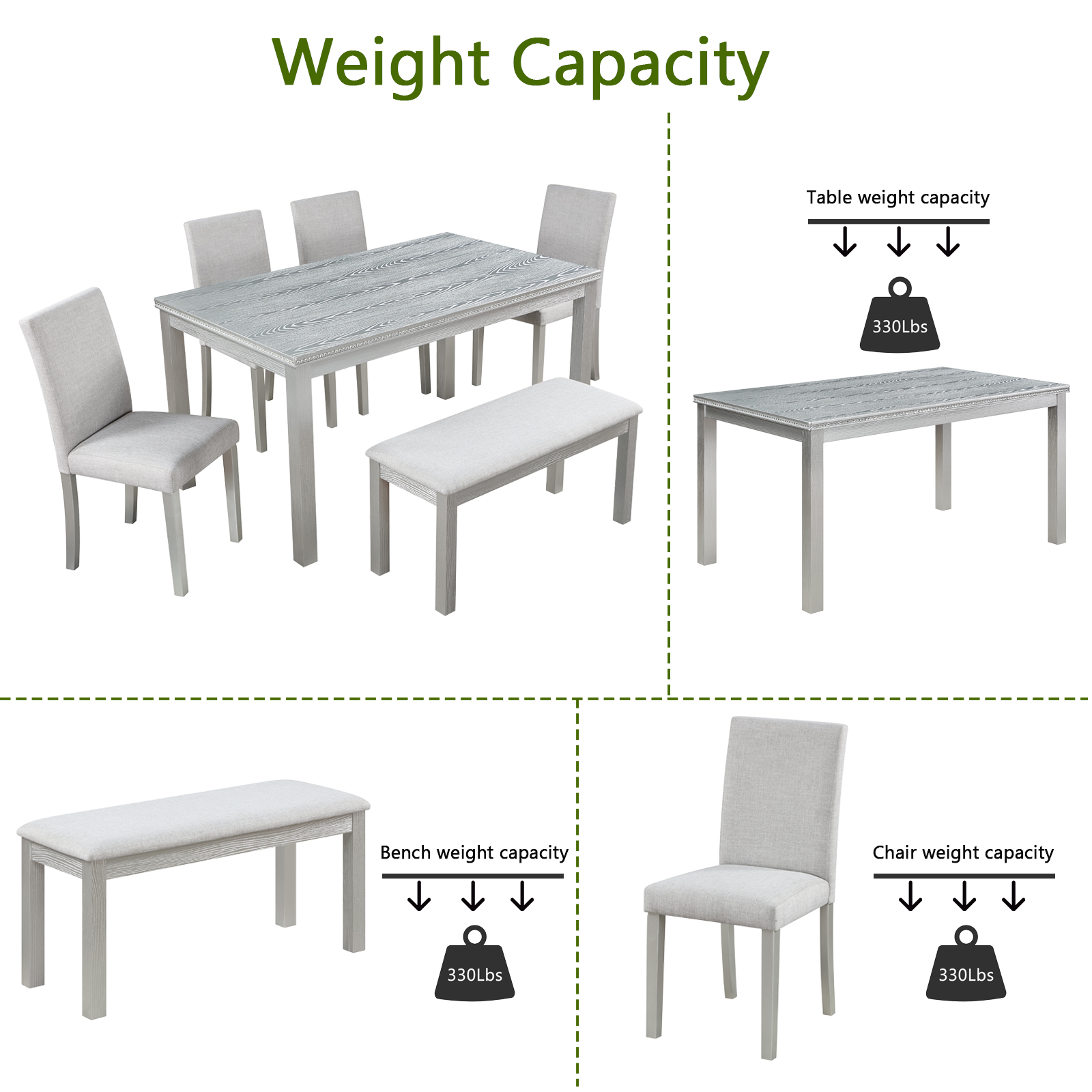 MAYEERTY 6 Piece Wooden Dining Table Set, Wooden Dining Table with 4 Upholstered Chairs and Bench for 6 People, Rectangular Dining Table Set with Crystal Decoration,Silver grey