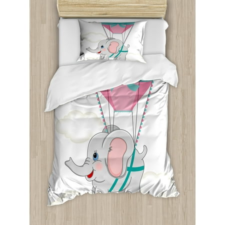 Matching Crib And Twin Bedding Sets Nursery Twin Size Duvet Cover Set, Baby Elephant with Hot Air Balloon Fly Animal Funny Image Cartoon Design, Decorative 2 Piece Bedding Set with 1 Pillow Sham, Pink Pale Grey Teal, by Ambesonne ()