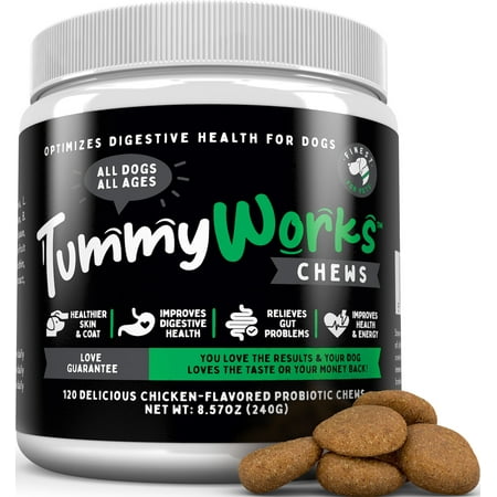 TummyWorks Probiotic Chews for Dogs. Relieves Diarrhea, Upset Stomach, Gas & Bad Breath, Itching, Allergies & Yeast Infections. Supplement with Digestive Enzymes & Prebiotics. Made in USA 120 count