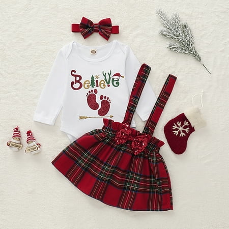 

Baby Girls Christmas Clothes Set Letter Romper+Suspender Skirt+Headband