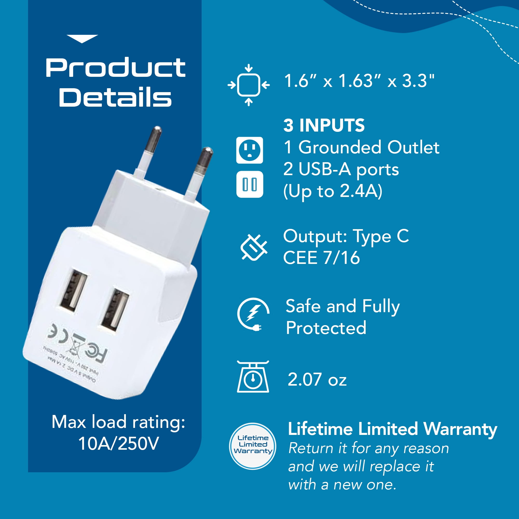Ceptics CTU-9C Continental European Travel Adapter Plug - Type C - Dual USB Devices