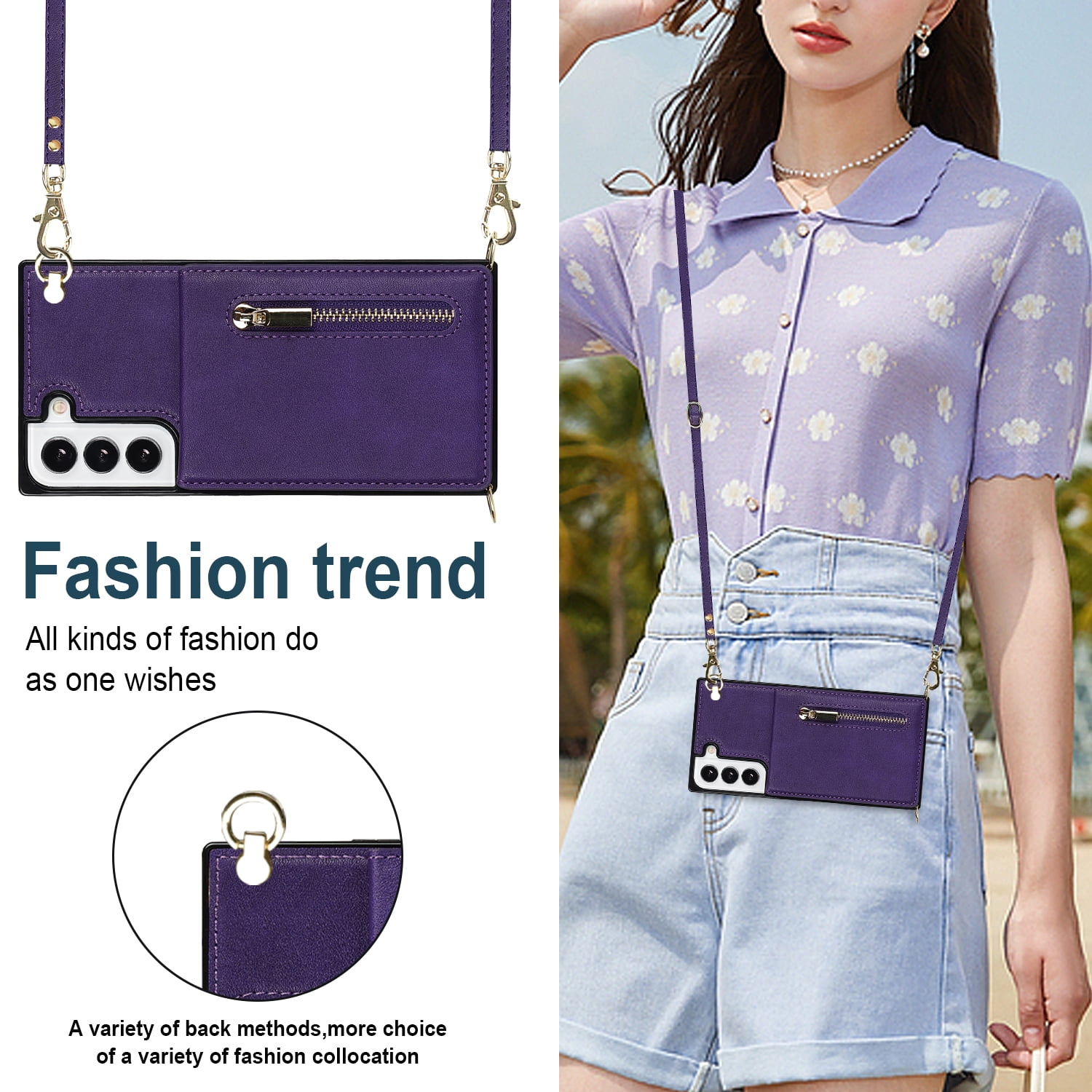 Dteck Flip Leather Wallet Case for Samsung Galaxy S24 Plus, Crossbody Wallet Case with Credit Card Holder Zipper Pocket Lanyard Shoulder Strap, Kickstand Phone Cover for Samsung S24 Plus,Purple