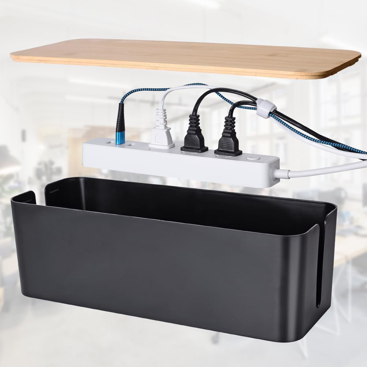 2-Pack Large Cable Management Box – Wooden Cable Organizer Box & Cover for TV Cables, Computer, Router, USB Hub & Power Strip Under Desk – Safe ABS Material & Baby & Pet Resistant Lock (Black)