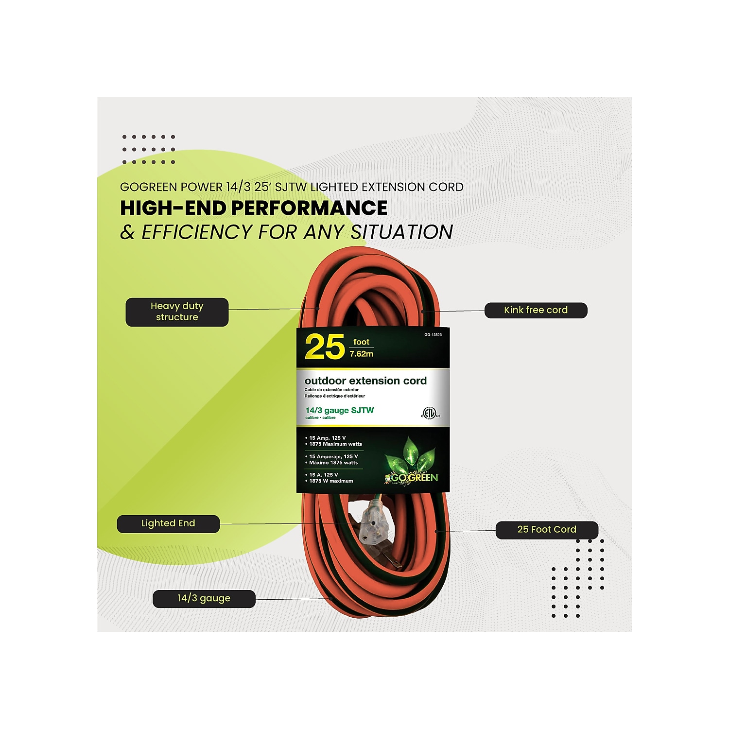 GoGreen Power 25ft Outdoor Lighted Extension Cord 14/3 SJTW photo 5