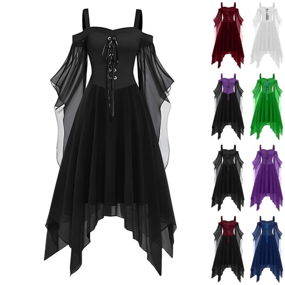 Sorvello Women's Gothic Halloween Dress Off Shoulder Strappy Butterfly Sleeve Maxi Dress Solid Chiffon Irregular Hem Witch Cosplay Party Costume for Women Black L