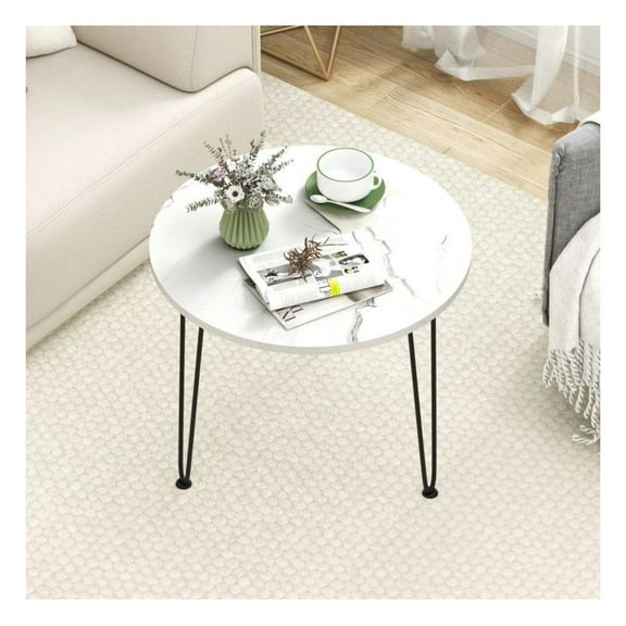 Round Coffee Table with Metal Legs, 23.5" Faux Marble Top, Living Room Accent Table - White/Black, Easy Assembly, Small Space Friendly, Modern Design