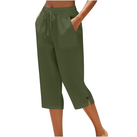 Women s Capris with Pockets Summer Casual Wide Leg Work Capri Pants Dressy Golf Pant Workout Stretchy Yoga Pants Army Green M