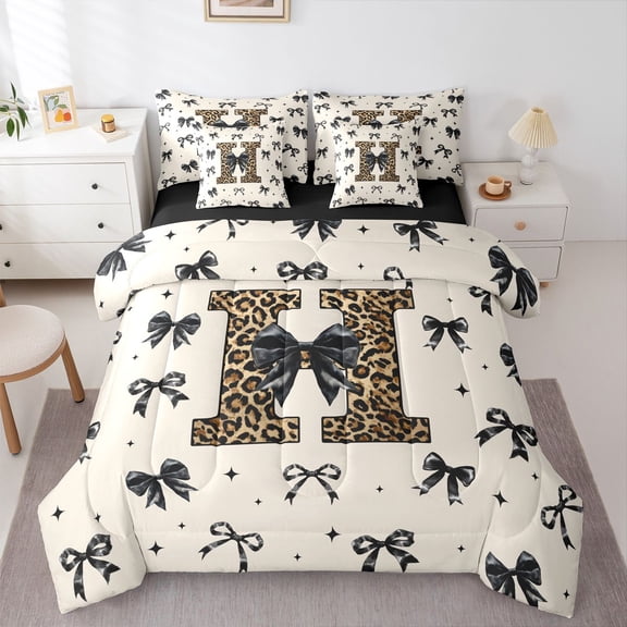 Feelyou Fashion Initial H Twin Bedding Sets 7pcs, Bow Cheetah Leopard Print Comforter Set